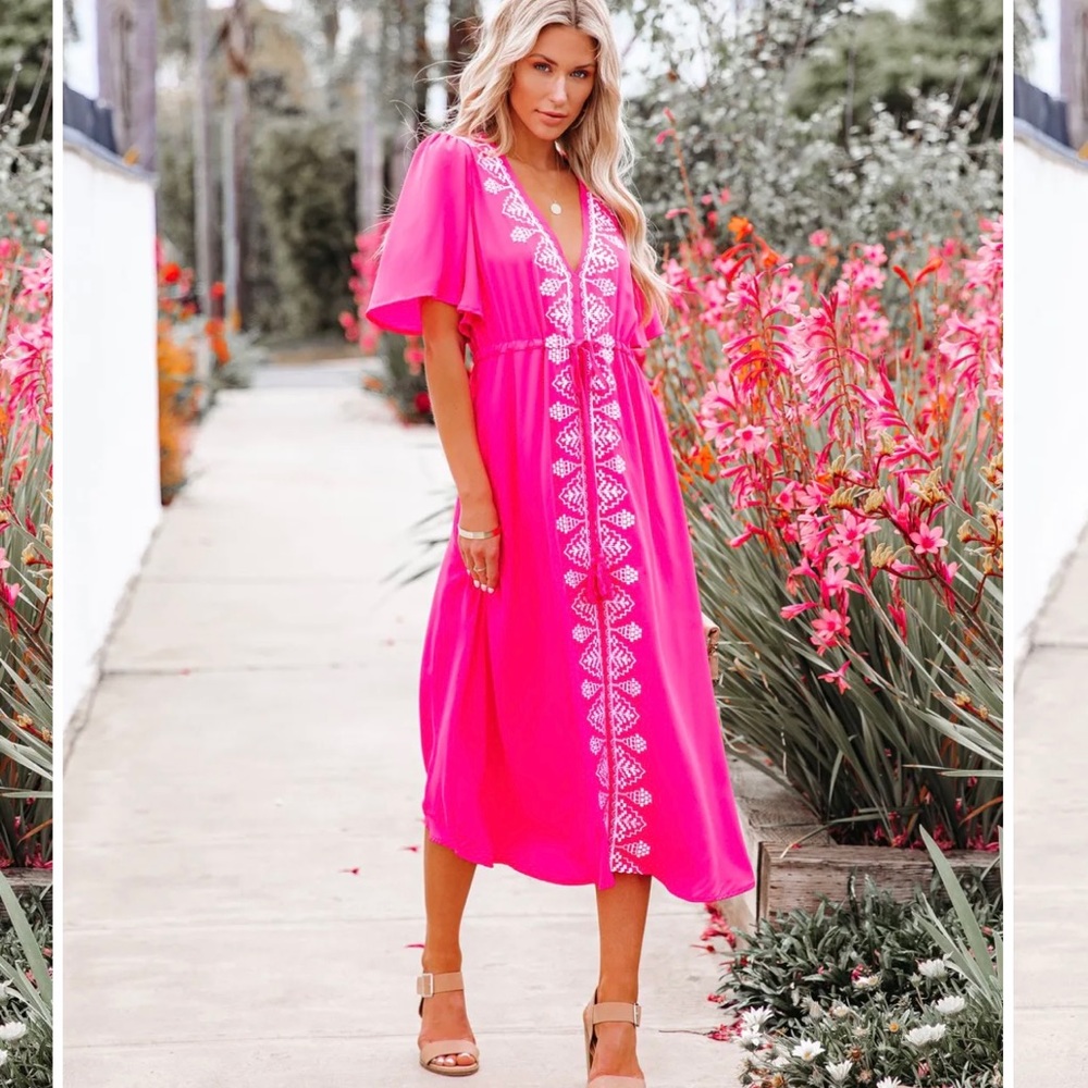 Pink / White Embroidered Midi Dress